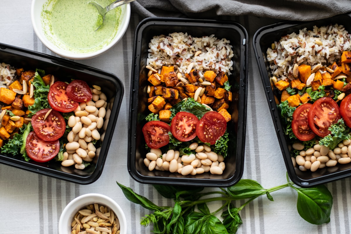Mediterranean-style meal with olive oil, vegetables, and whole grains